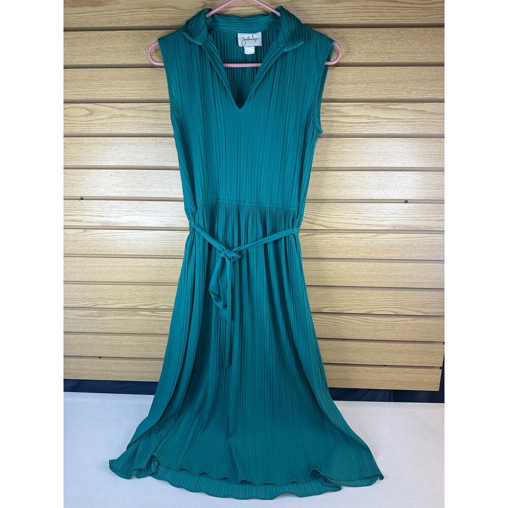 Vintage 40s/50s Jonathan Logan Teal Accordion Pleated Belt Midi Dress Size 9/10